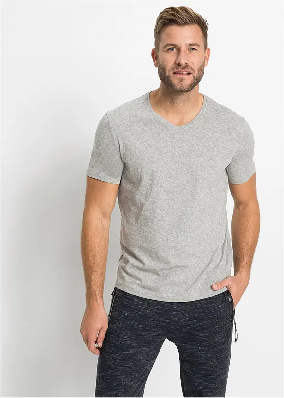T-Shirt mit V-Ausschnitt (3er Pack) in grau von vorne (im Anschnitt) - bonprix
