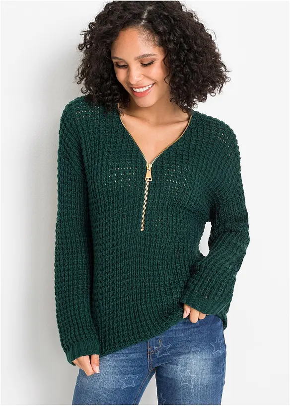 Grobstrick-Pullover mit Reißverschluss-Detail in grün von vorne (im Anschnitt) - bonprix Grobstrick-Pullover mit Reißverschluss-Detail in grün von vorne (im Anschnitt) - bonprix
