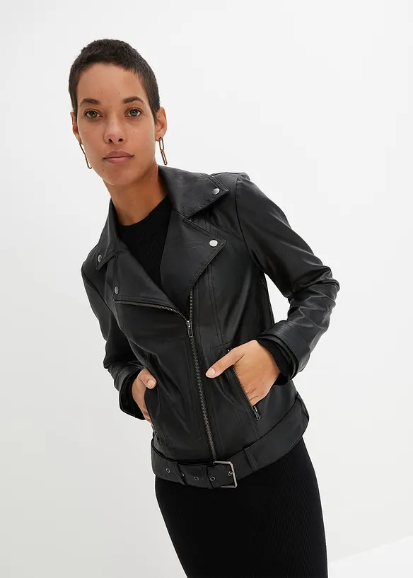 Oversize Moto Biker-Jacke in schwarz von vorne (im Anschnitt) - bonprix