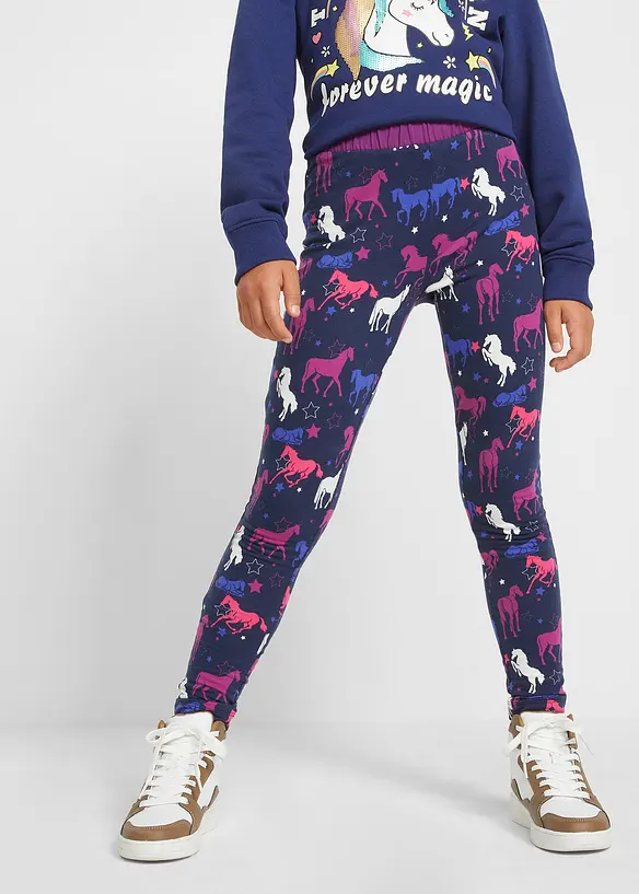 Thermo-Leggings mit Pferdemotiv in blau von vorne - bonprix