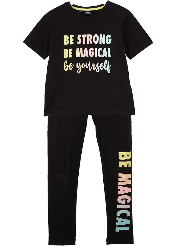 T-Shirt + Leggings aus reiner Baumwolle (2tlg. Set) in schwarz von vorne - bonprix