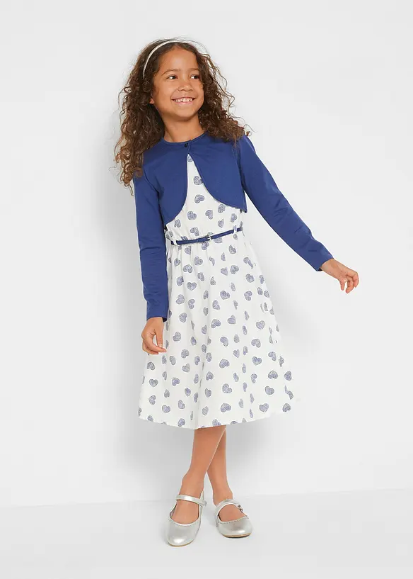 Kleid + Bolero + Gürtel (3-tlg.Set) in blau von vorne (Totalaufnahme) - bonprix