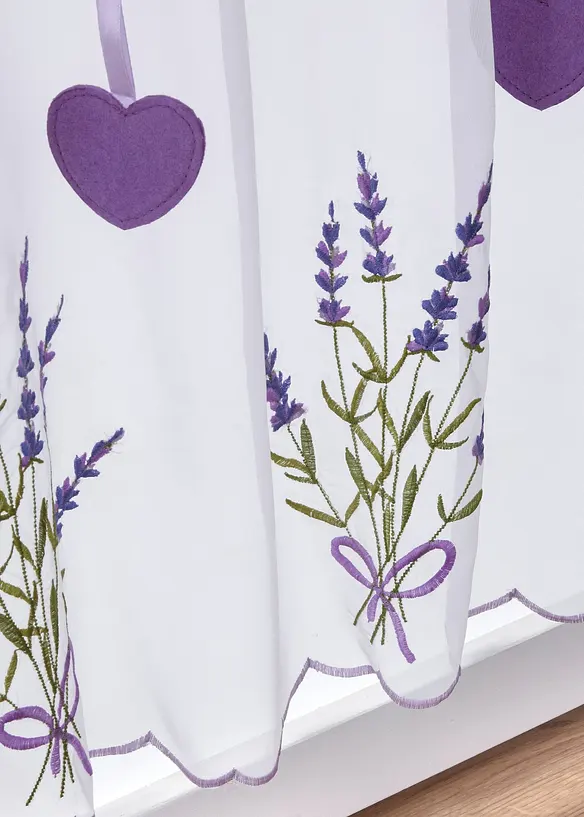 Scheibengardine mit Lavendel Stickerei in weiß Detailaufnahme vom Material - bonprix