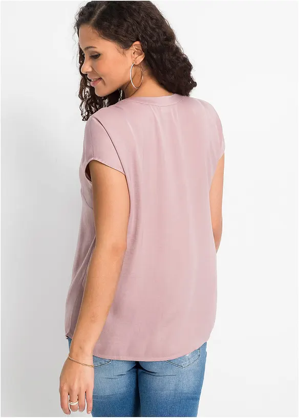 Lockere Satin-Kurzarmtunika mit überschnittenen Schultern in rosa von hinten (im Anschnitt) - bonprix