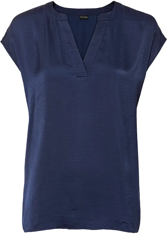 Lockere Satin-Kurzarmtunika mit überschnittenen Schultern in blau von vorne - bonprix