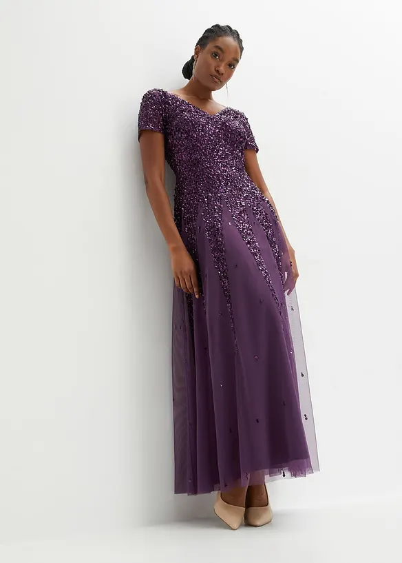 Kleid mit Pailletten in lila von vorne (Totalaufnahme) - bonprix Kleid mit Pailletten in lila von vorne (Totalaufnahme) - bonprix