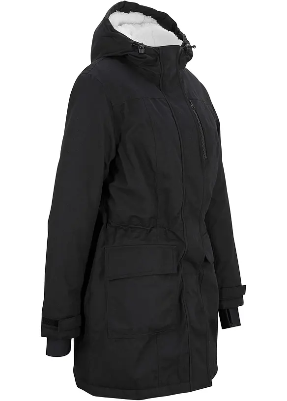wasserdichte Funktions-Parka mit Teddyfleece in der Kapuze in schwarz von vorne - bonprix