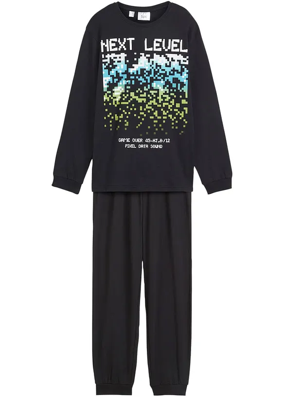 Pyjama aus reiner Baumwolle  (2-tlg. Set) in schwarz von vorne - bonprix