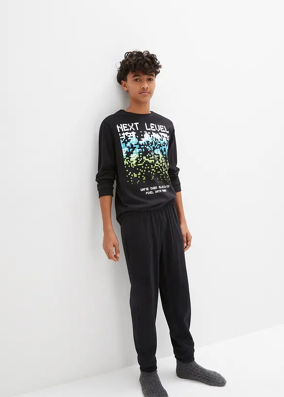 Pyjama aus reiner Baumwolle  (2-tlg. Set) in schwarz von vorne (Totalaufnahme) - bonprix