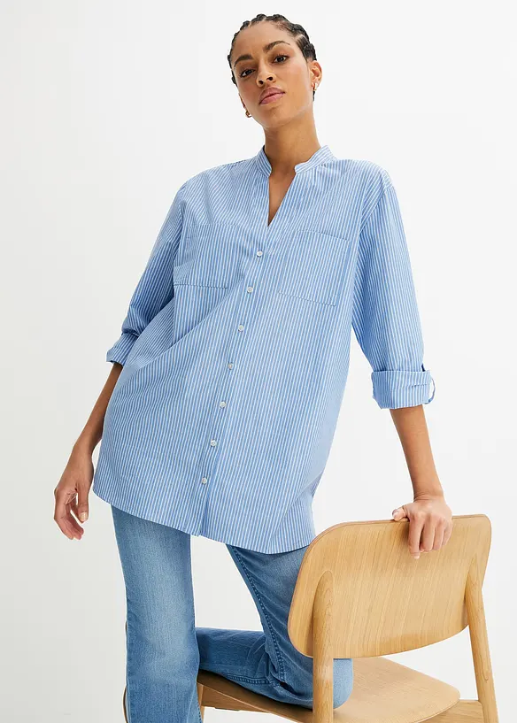 Longbluse aus reiner Bio-Baumwolle in blau von vorne (im Anschnitt) - bonprix
