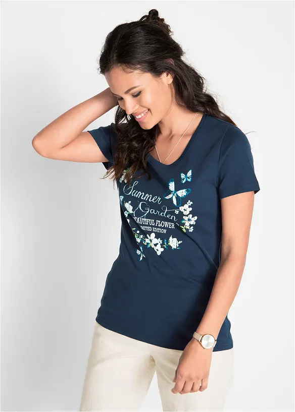 Baumwoll Shirt, Kurzarm in blau von vorne (im Anschnitt) - bonprix