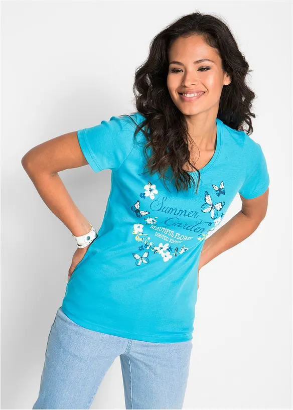 Baumwoll Shirt, Kurzarm in blau von vorne (im Anschnitt) - bonprix Baumwoll Shirt, Kurzarm in blau von vorne (im Anschnitt) - bonprix