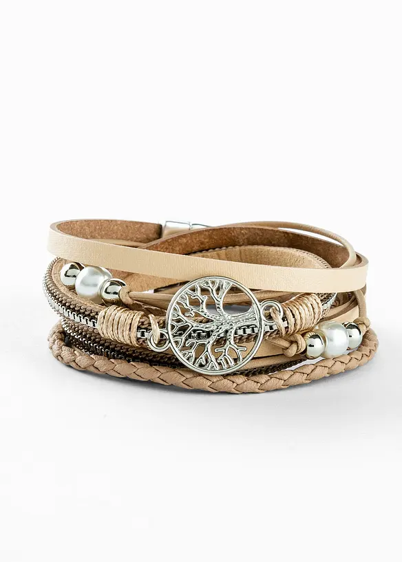 Wickelarmband mit Lebensbaumanhänger in beige - bonprix