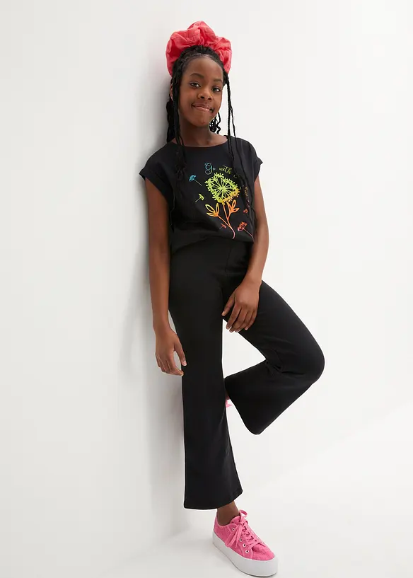 T-Shirt + Leggings Flared aus Bio-Baumwolle (2tlg. Set) in schwarz von vorne (Totalaufnahme) - bonprix