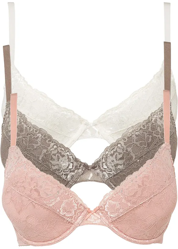 Push-up-BH mit feiner Spitze (3er Pack) in weiß von vorne - bonprix