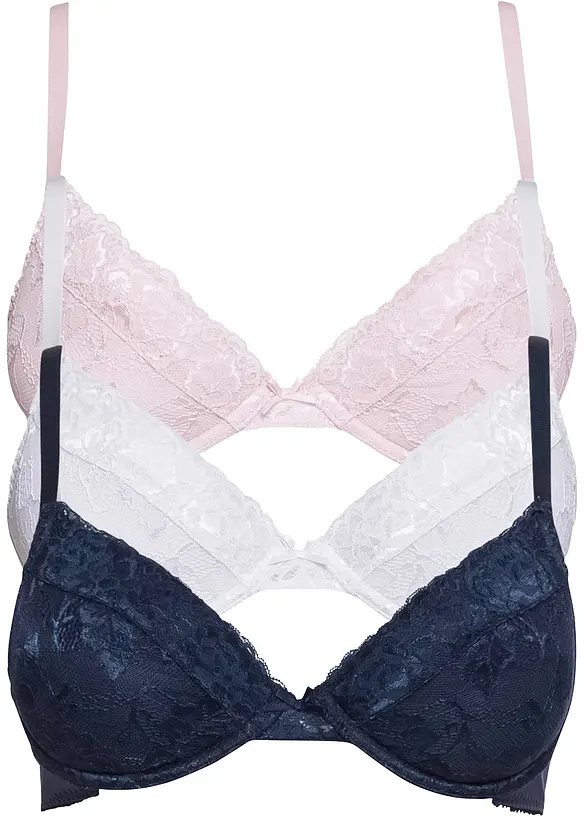 Push-up-BH mit feiner Spitze (3er Pack) in blau von vorne - bonprix