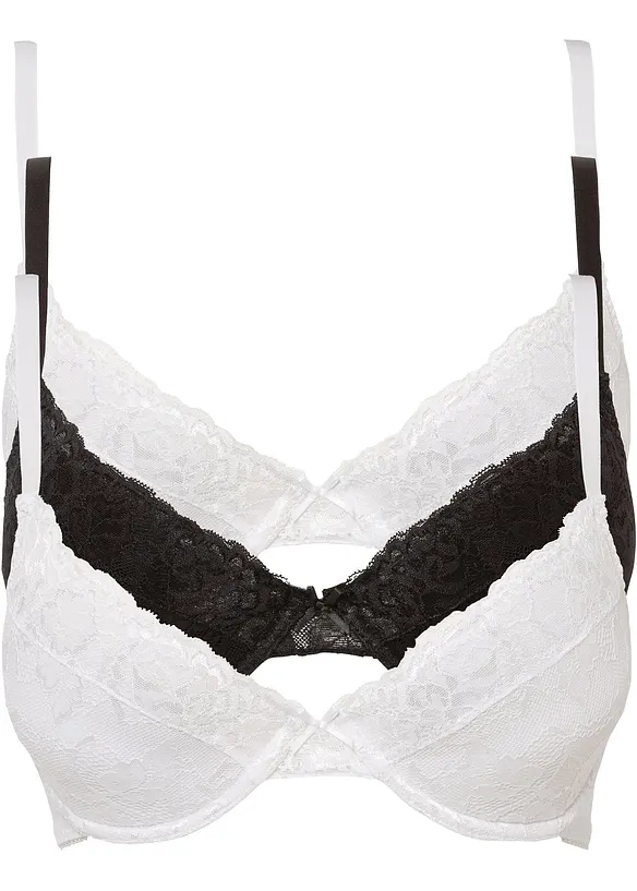 Push-up-BH mit feiner Spitze (3er Pack) in schwarz von vorne - bonprix