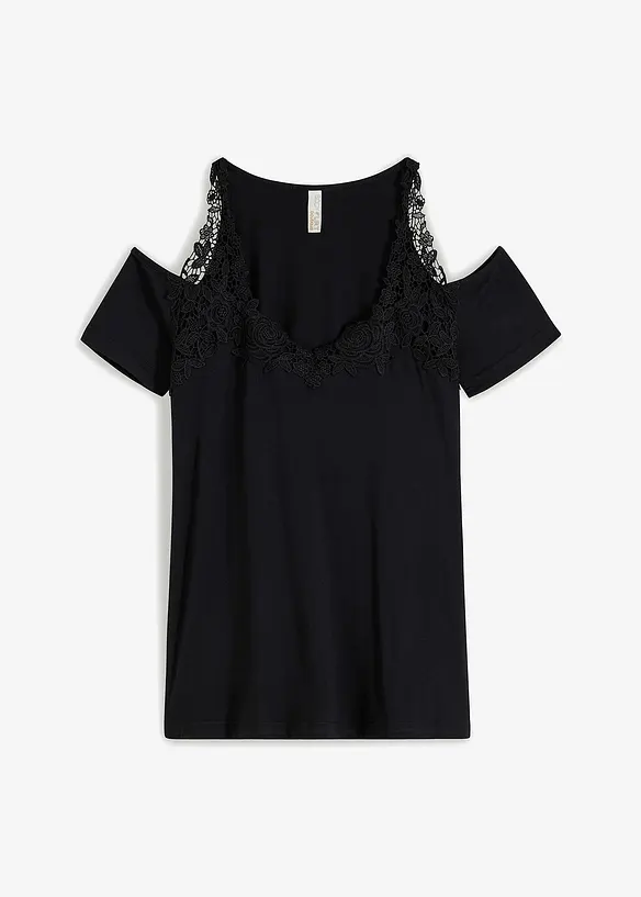 Cold-Shoulder-Shirt mit Spitze in schwarz von vorne - bonprix