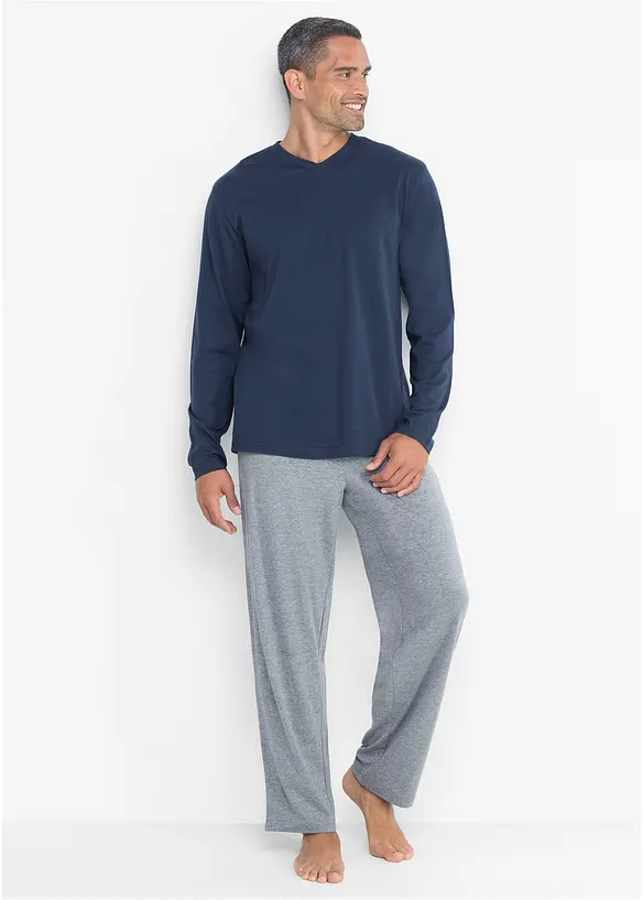 Pyjama mit Baumwolle und langen Ärmeln in blau von vorne (Totalaufnahme) - bonprix