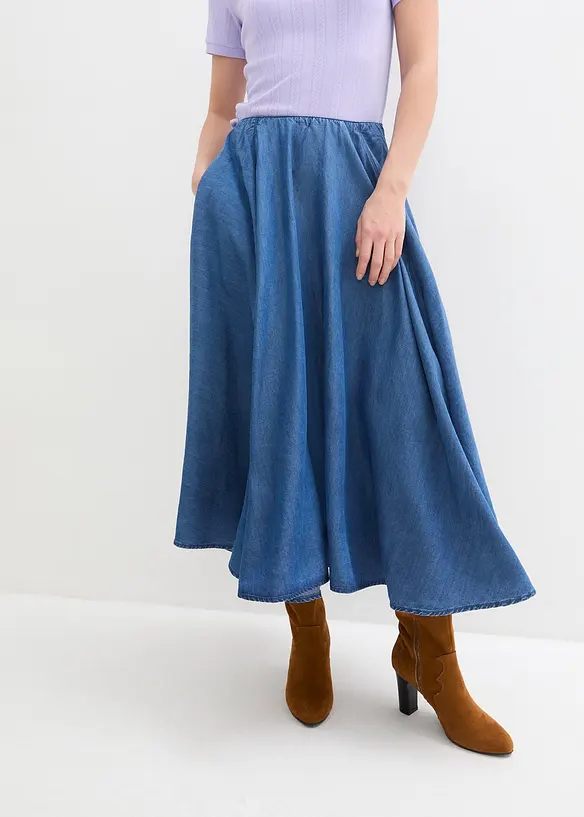 High Waist Jeansrock, Bequembund, Bio-Baumwolle in blau von vorne - bonprix High Waist Jeansrock, Bequembund, Bio-Baumwolle in blau von vorne - bonprix