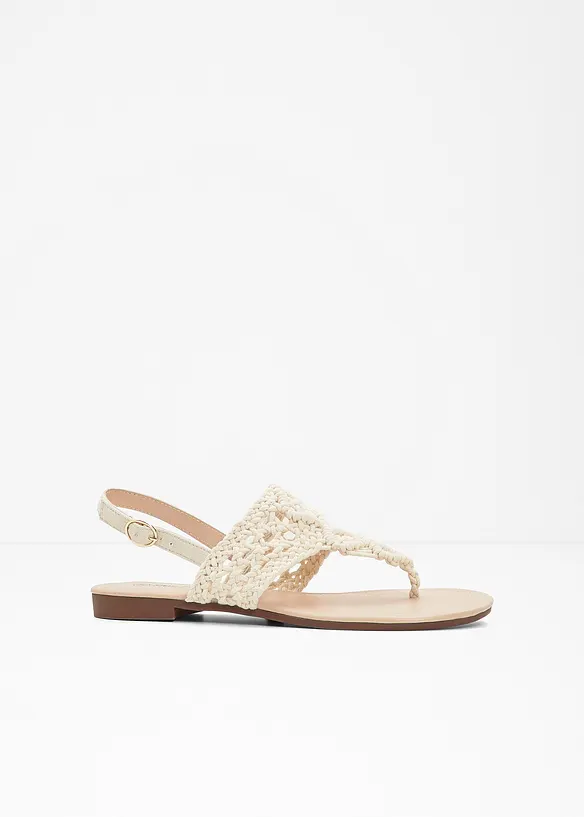 Zehenstegsandalen in Makramee-Optik in beige von vorne - bonprix