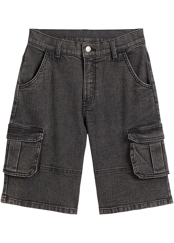 Cargo-Jeans-Bermuda mit verstellbarem Bund, Loose Fit in schwarz von vorne - bonprix