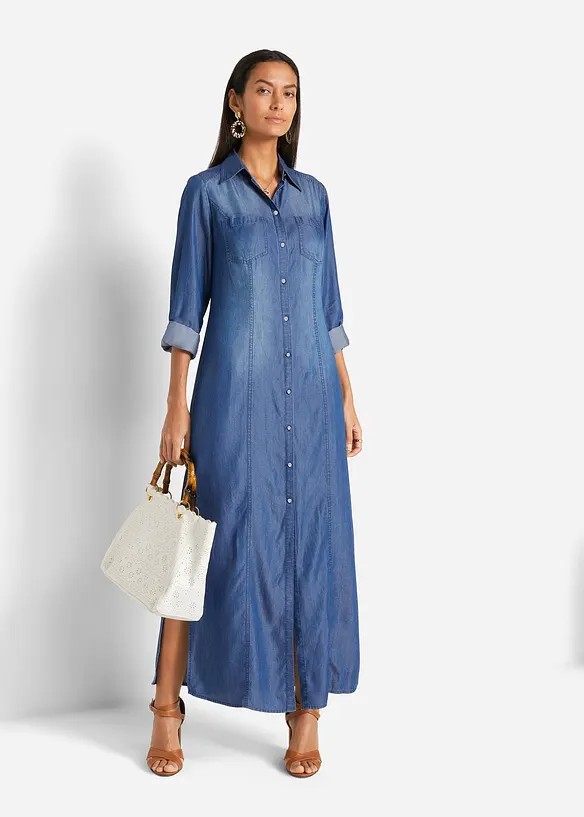 Hemdblusenkleid aus Lyocell in blau von vorne (Totalaufnahme) - bonprix Hemdblusenkleid aus Lyocell in blau von vorne (Totalaufnahme) - bonprix