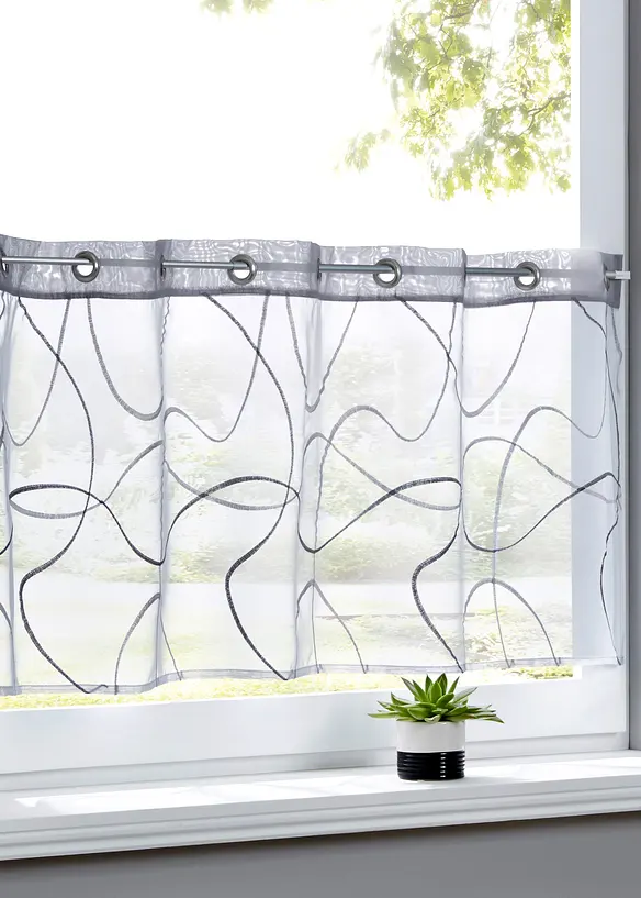 Scheibengardine mit recyceltem Polyester und Stickerei in grau (Detailaufnahme) - bonprix