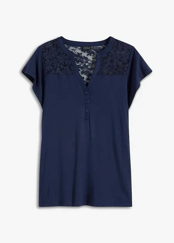 Henleyshirt mit Spitze in blau von vorne - bonprix