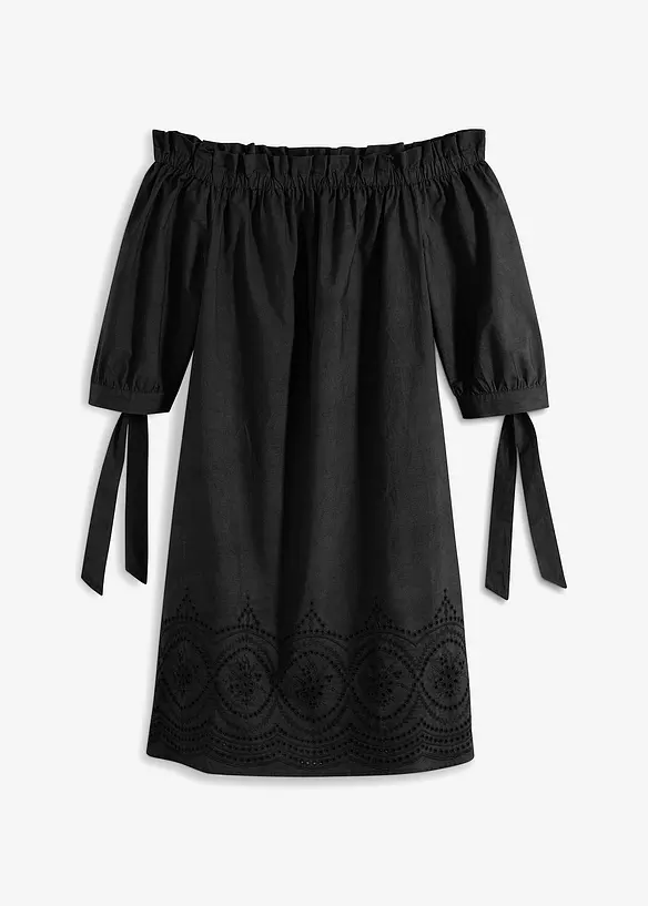 Off-Shoulder-Kleid aus reiner Baumwolle mit Lochstickerei in schwarz von vorne - bonprix Off-Shoulder-Kleid aus reiner Baumwolle mit Lochstickerei in schwarz von vorne - bonprix