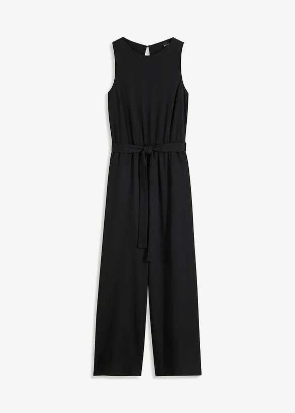 Jersey-Jumpsuit aus strukturiertem Crêpe in schwarz von vorne - bonprix