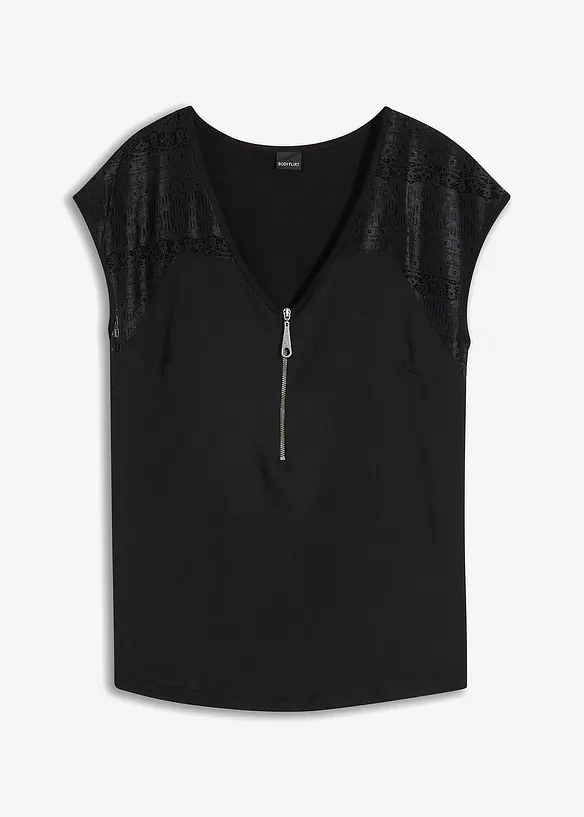 Shirt mit Spitzeneinsatz in schwarz von vorne - bonprix Shirt mit Spitzeneinsatz in schwarz von vorne - bonprix