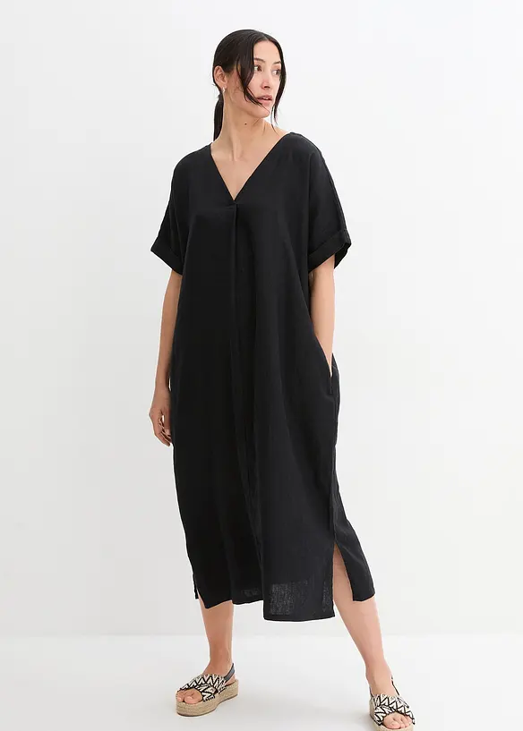 Kaftan-Kleid aus reinem Leinen in schwarz von vorne (Totalaufnahme) - bonprix