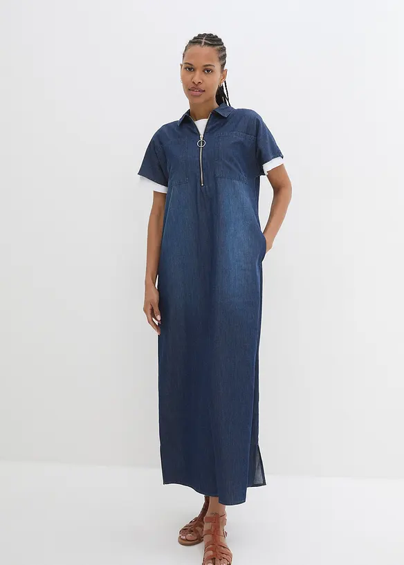 Maxi-Jeanskleid aus reiner Bio-Baumwole in blau von vorne (Totalaufnahme) - bonprix Maxi-Jeanskleid aus reiner Bio-Baumwole in blau von vorne (Totalaufnahme) - bonprix