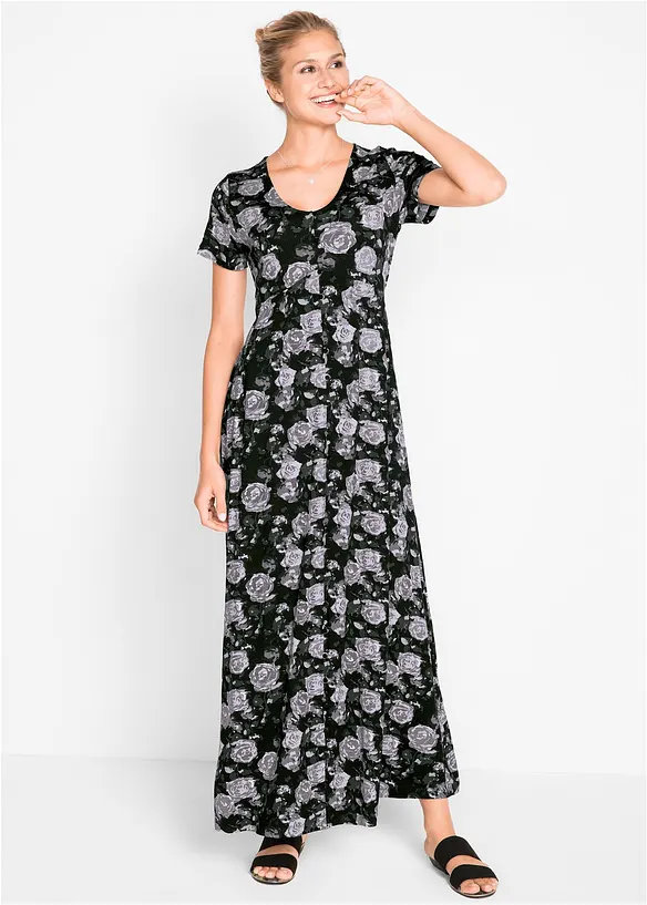 Maxi-Shirtkleid aus elastischem Viskose-Mix in schwarz von vorne (Totalaufnahme) - bonprix
