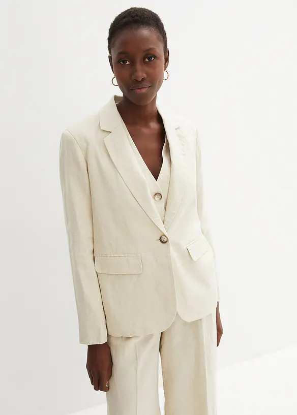 Blazer aus reinem Leinen in beige von vorne (im Anschnitt) - bonprix