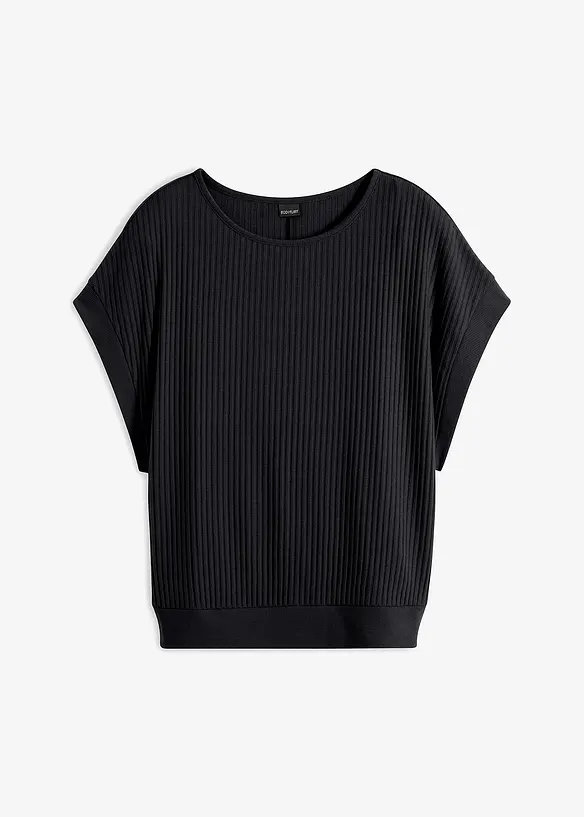 Rippshirt aus Viskose-Mix mit Fledermausärmeln in schwarz von vorne - bonprix