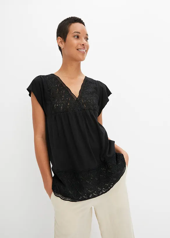 Shirt aus Materialmix in schwarz von vorne (im Anschnitt) - bonprix Shirt aus Materialmix in schwarz von vorne (im Anschnitt) - bonprix