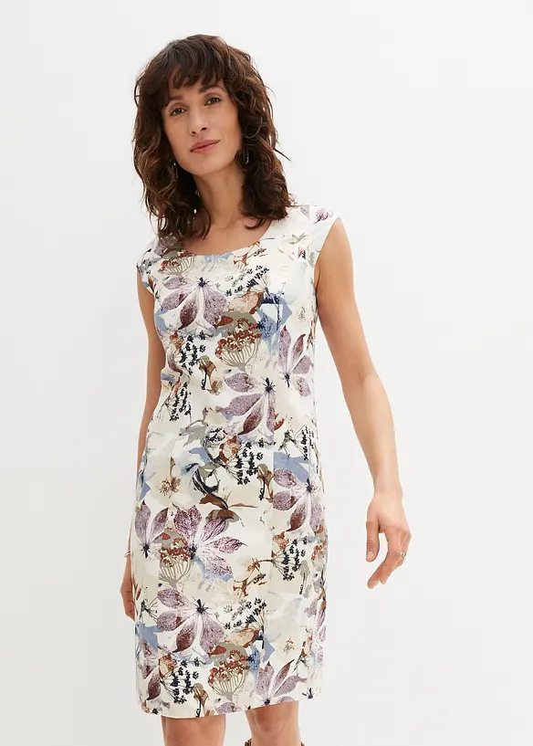 Etuikleid aus Baumwollsatin in beige von vorne (Totalaufnahme) - bonprix