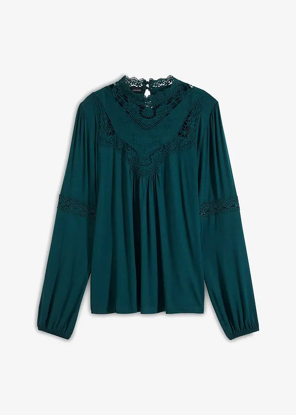 Langarmshirt mit Spitze in petrol von vorne - bonprix