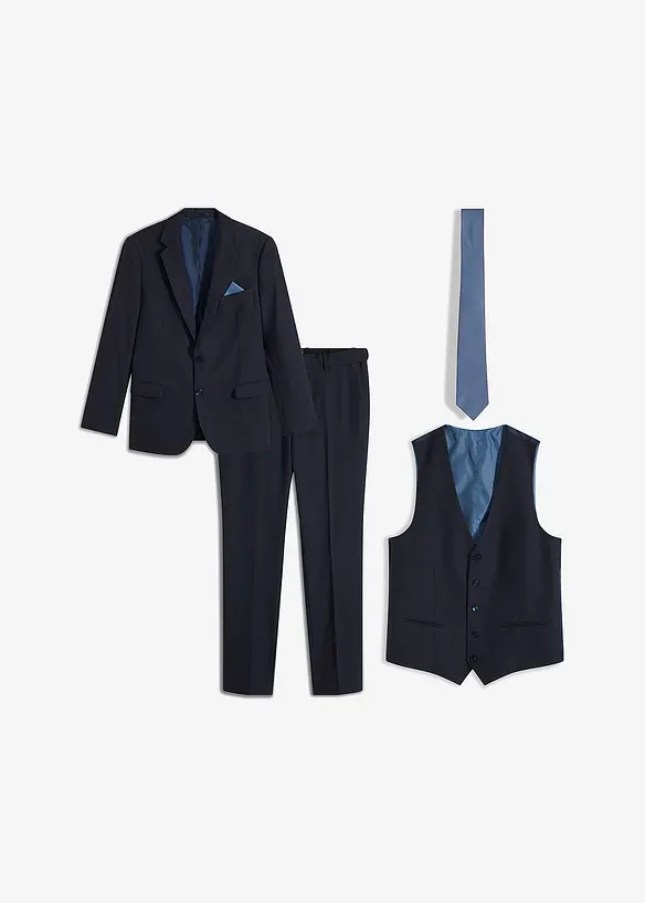 Anzug mit Weste und Krawatte in Slim Fit (4-tlg.Set) in blau von vorne - bonprix