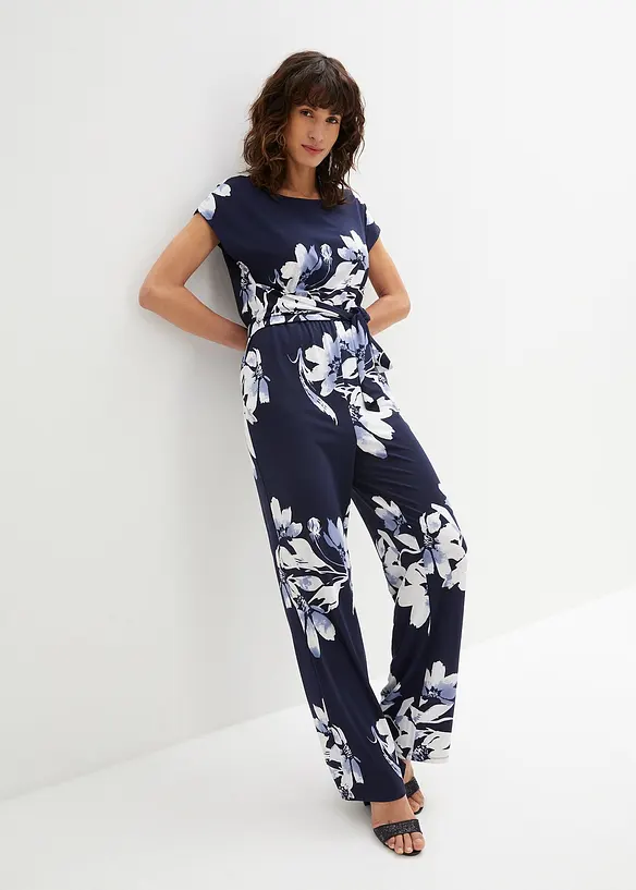 Jumpsuit mit Bindeband in blau von vorne (Totalaufnahme) - bonprix Jumpsuit mit Bindeband in blau von vorne (Totalaufnahme) - bonprix