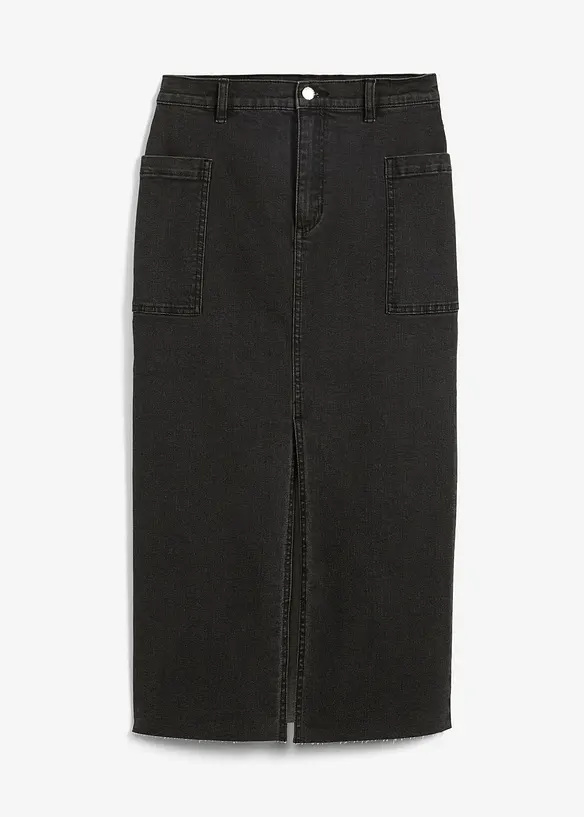 Jeansrock mit Schlitz, Midi in schwarz von vorne - bonprix