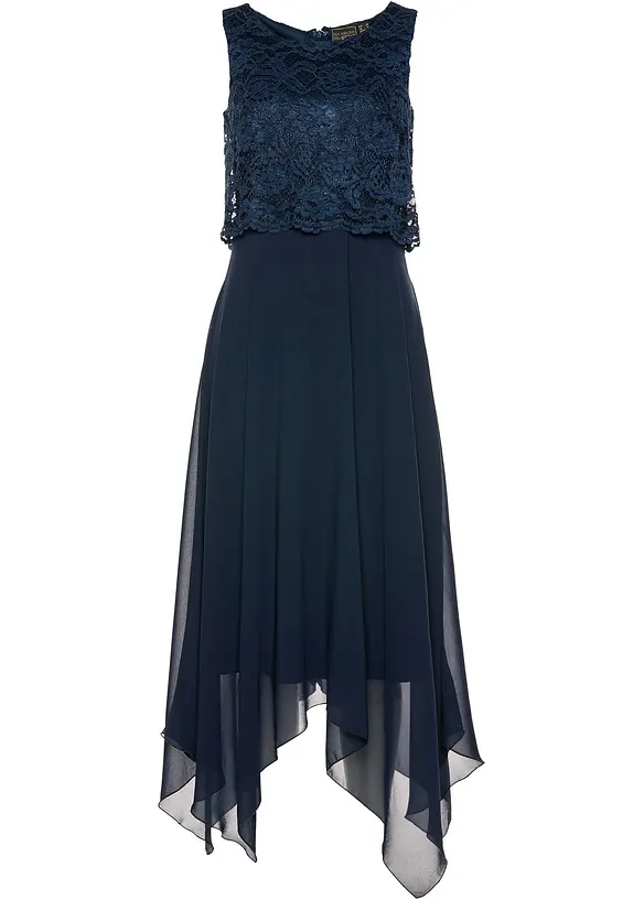 Premium Chiffonkleid mit Spitze in blau von vorne - bonprix