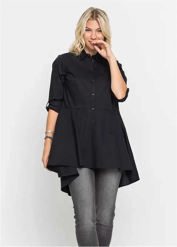 Longbluse mit Peplum aus Baumwoll-Mix in schwarz von vorne (im Anschnitt) - bonprix Longbluse mit Peplum aus Baumwoll-Mix in schwarz von vorne (im Anschnitt) - bonprix
