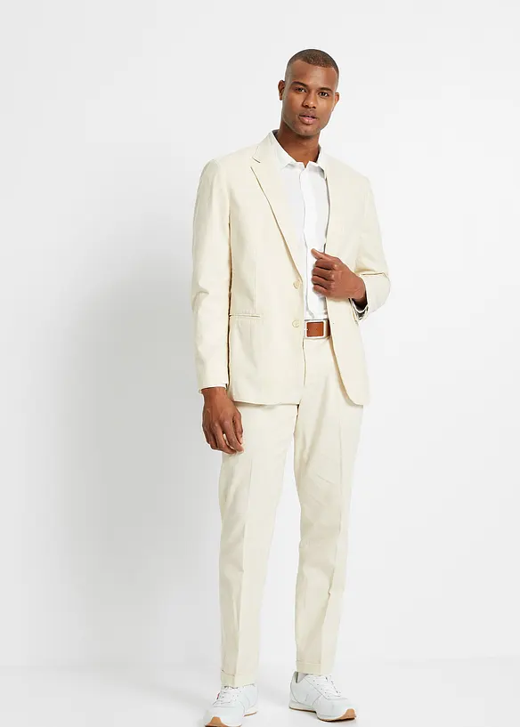 Anzug aus luftigem Leinen-Mix in Regular Fit (2-tlg.Set) in beige von vorne (Totalaufnahme) - bonprix