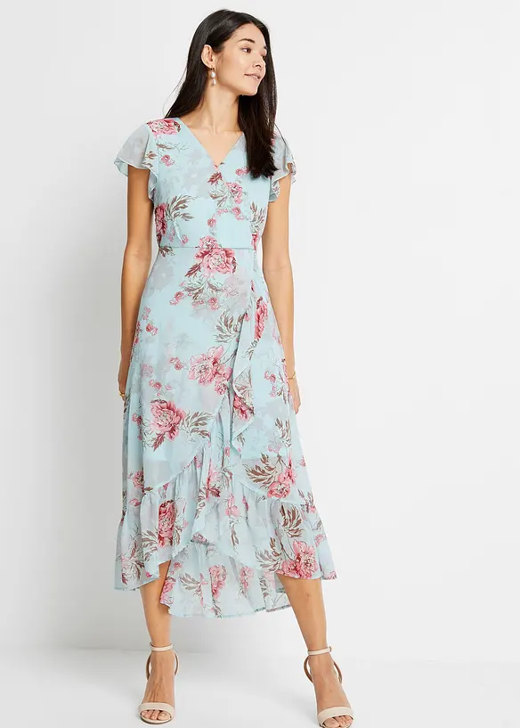 Chiffonkleid mit Volants in blau von vorne (Totalaufnahme) - bonprix Chiffonkleid mit Volants in blau von vorne (Totalaufnahme) - bonprix