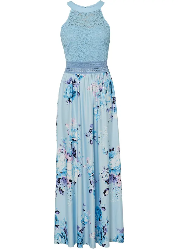 Sommer-Maxikleid mit Blumen-Print und Spitze in blau von vorne - bonprix