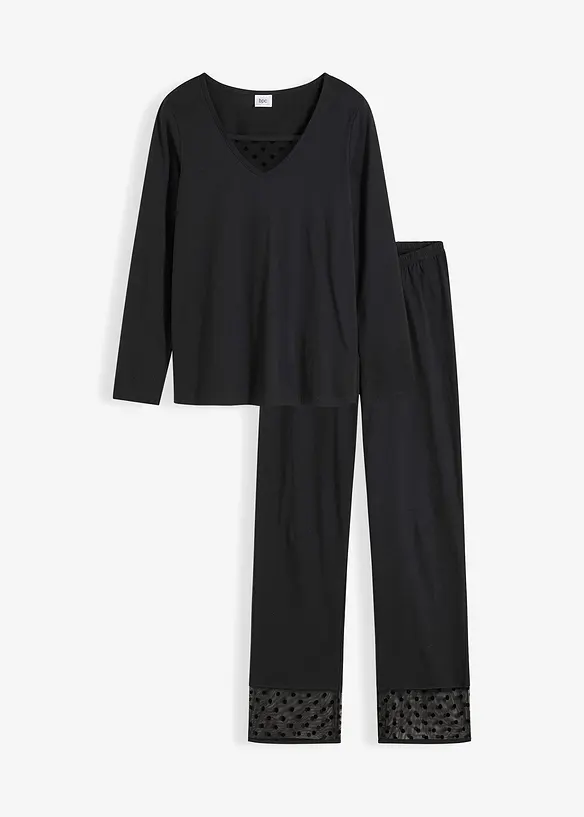 Pyjama mit zartem Mesh in schwarz von vorne - bonprix
