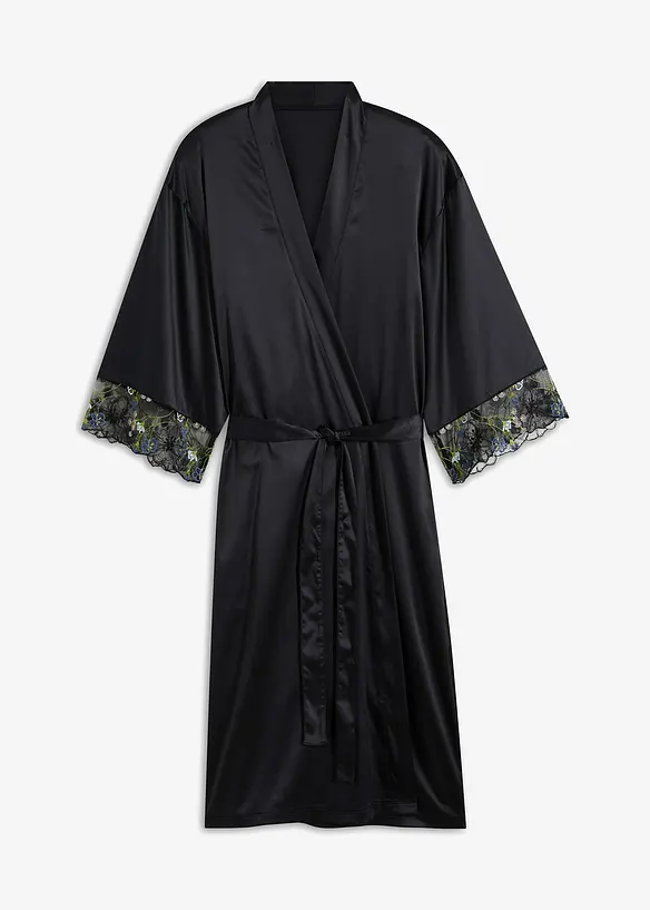 Satin Kimono mit Stickerei in schwarz von vorne - bonprix